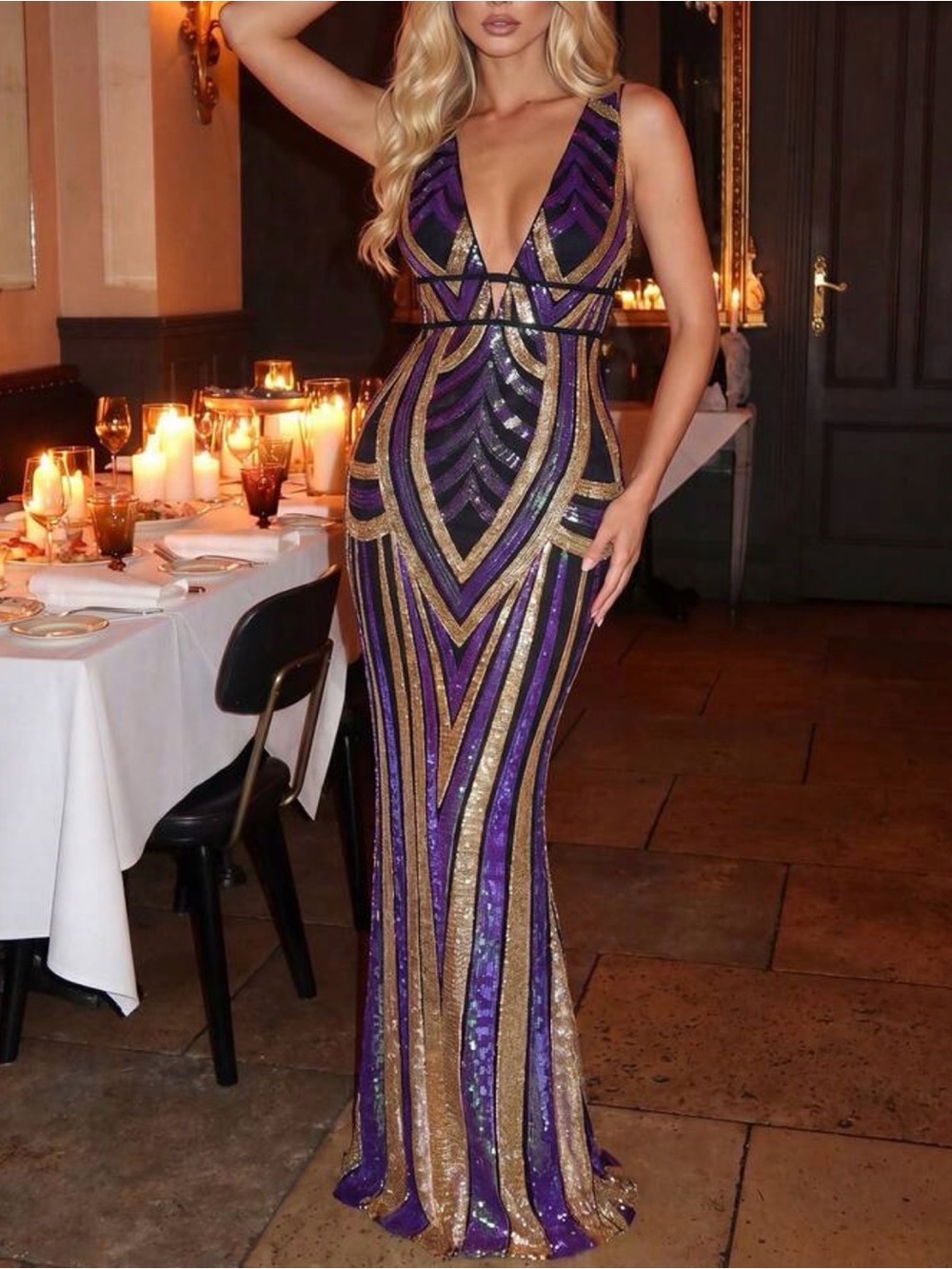 Luxe Sequin Multicolor Fitted Mermaid Hem party Evening Wedding Dress